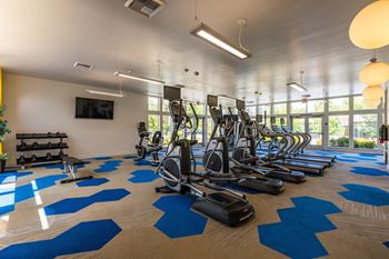 A gym with blue mats and exercise equipment.